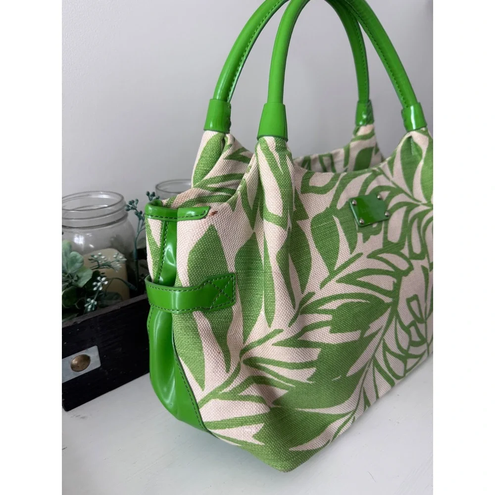 Kate Spade Green Tropical Leaf Print Canvas Tote Bag Patent Leather Trim